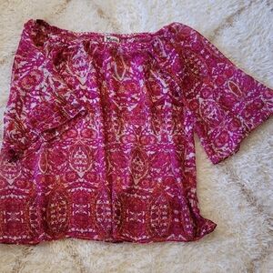 Show Me Your Mumu Pink Boho Off-Shoulder Blouse Medium | Sheer Floral Peasant To
